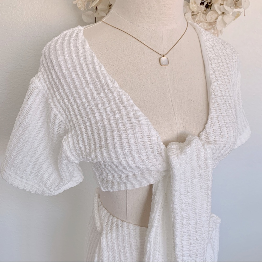 ☁️ SABO Florence White Ribbed Knit Knot Front Wrap Top Wrap Maxi Skirt Set - Picture 6 of 16